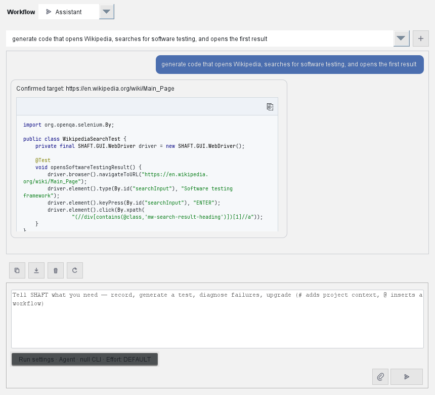 SHAFT IntelliJ Assistant showing agentic project guidance inside the IDE.